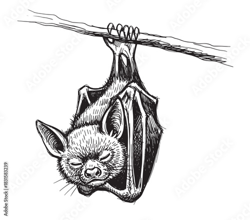 Hand-drawn black and white bat hanging upside down from a branch with its eyes closed in a detailed sketch style illustration, showing its furry face and folded wings