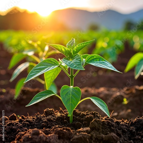 Close-up of a vibrant young plant growing in rich soil, bathed in golden sunlight, with cultivated rows stretching into the distance