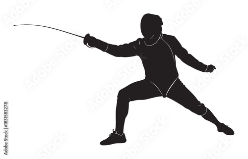 Black silhouette of a fencer athlete in a dynamic lunge pose with a foil, wearing protective gear and a mask for a duel, presented as a clean vector illustration