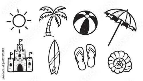 Collection of hand-drawn summer beach icons including a sun, palm tree, ball, umbrella, sandcastle, surfboard, flip-flops, and seashell in a simple black and white doodle style
