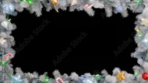 Christmas frame or new year frame with white fir or pine leaves and light bulbs blinking, christmas balls, stars. Alpha map for compositing. 4K loop animation