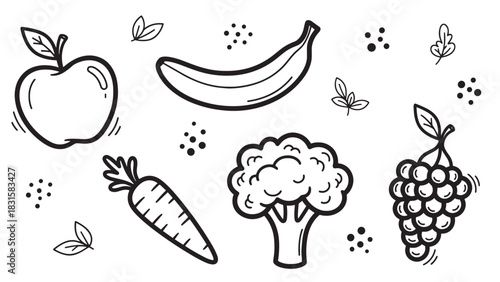 Hand-drawn black and white doodle illustration set of fresh fruits and vegetables like apple, banana, and broccoli in a simple minimalist line art style for healthy eating concepts