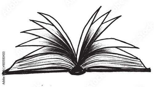 Open book with fanned out pages in a hand-drawn, sketchy ink style with a distressed, grunge texture, representing knowledge, education, and storytelling