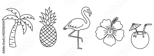 Set of black and white tropical summer icons including a palm tree, pineapple, flamingo, hibiscus flower, and coconut cocktail in a simple hand-drawn line art doodle style