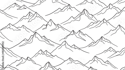 Seamless pattern of hand-drawn mountains in a minimalist line art style creates a continuous scenic landscape of peaks and ranges, perfect for nature-themed designs