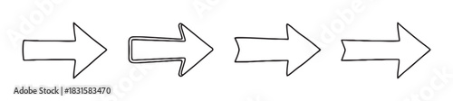 Four hand drawn black outline arrows pointing right in a simple doodle style, a minimalist graphic element collection for showing direction, navigation, and progress