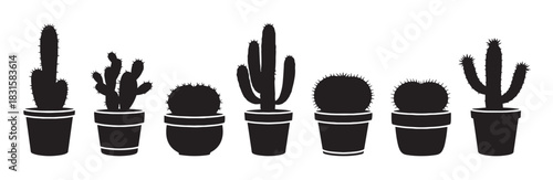 Set of seven black cactus silhouettes in flowerpots, featuring a variety of desert plant shapes and sizes in a clean, graphic, and minimalist illustration style