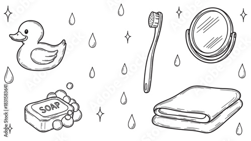 Hand-drawn set of bathroom hygiene items including a rubber duck, soap, toothbrush, and mirror in a cute doodle style with clean black and white line art and decorative elements
