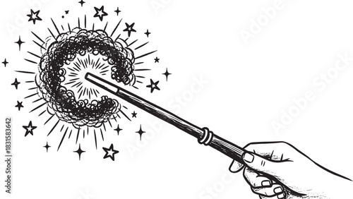 Hand-drawn black and white magic wand held in a hand creates a swirling magical spell with glowing light, sparks, and stars in a vintage sketch illustration style