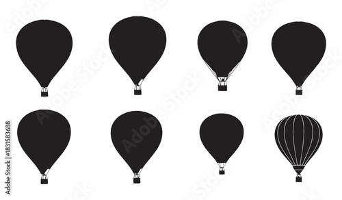 Set of eight black hot air balloon silhouettes in various simple shapes, a minimalist vector illustration collection for graphic design, travel, and adventure concepts