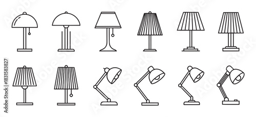 Collection of various table and desk lamp icons presented in a clean, minimalist line art style, showcasing different lighting fixture designs for home decor and interior concepts