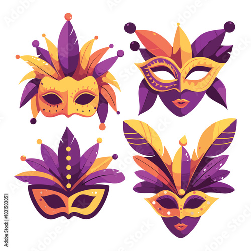 Vector illustration of a fantasy Venetian carnival masquerade mask with feathers and gold decoration for a party costume design