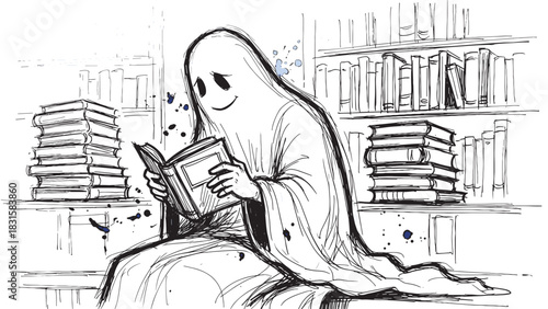Friendly smiling ghost character reading a book in a library, depicted in a whimsical black and white ink sketch with subtle blue watercolor splatters