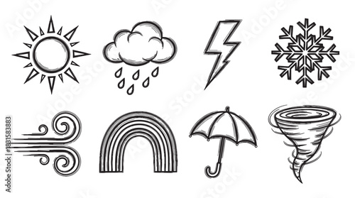 Collection of hand-drawn weather forecast icons in a black and white doodle style, including a sun, cloud, lightning, snowflake, wind, rainbow, umbrella, and tornado