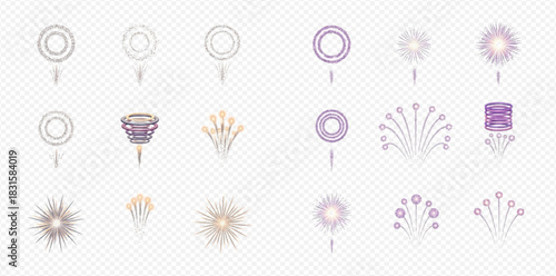 A diverse collection of stylized firework icons and pyrotechnic effects in various shapes and colors for festive designs.