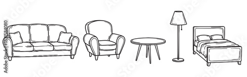Hand drawn furniture set with sofa, armchair, table, lamp, and bed in a simple black and white doodle style illustration for home interior design concepts