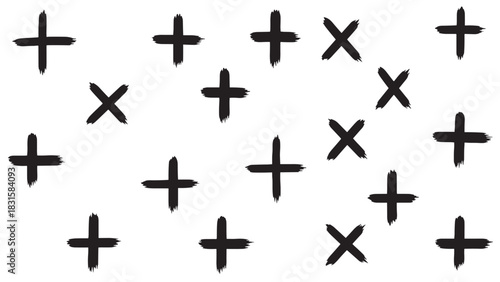 Black brush stroke plus signs and crosses creating a simple, monochrome, hand drawn pattern with a messy, artistic, and graphic texture for a contemporary design element