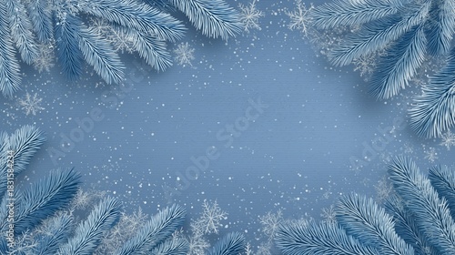 Pine branches framing winter snow falling background with copy space, illustration
