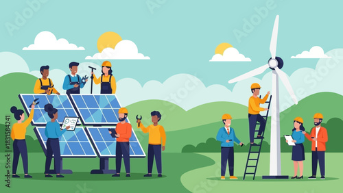 Team of workers installing solar panels and repairing wind turbine for renewable energy generation