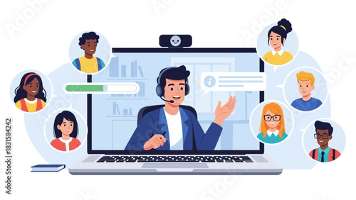 Dynamic Virtual Meeting A diverse team gathers online, swiftly whisking ideas across geographical divides, fostering efficient remote collaboration and digital connectivity