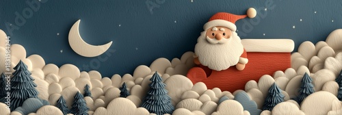 Santa Claus flying over forest at Christmas night