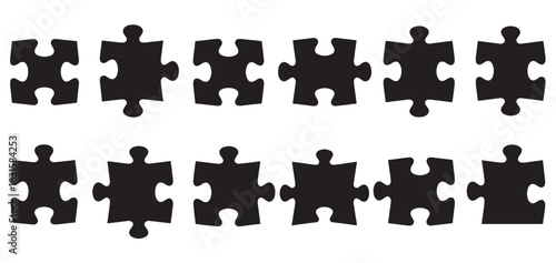 Twelve black jigsaw puzzle pieces arranged in two neat horizontal rows, a minimalist graphic illustration for concepts of problem-solving, strategy, and connection