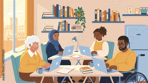 Diverse group of people collaborating and working together in a modern co-working space or office environment with laptops and books on desks