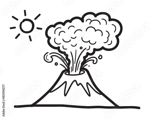 Black and white hand-drawn volcano erupting with a large cloud of smoke and ash under a simple shining sun in a cute doodle style illustration