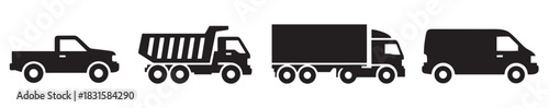 Set of four black vehicle icons featuring a pickup, dump truck, semi-trailer, and van in a minimalist graphic silhouette style for transportation and logistics concepts