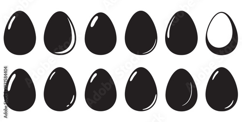 Collection of twelve black egg icons in a minimalist graphic style, showing various simple silhouettes with highlights and one outline for Easter or food concepts