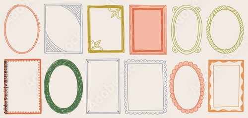 Canvas Print Wavy wedding frame vector, hand drawn oval vintage border set, coquettish celebration design, elegant classic line decoration background, simple postcard decor, whimsical invitation frame collection