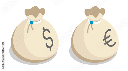 Isometric money bag containing dollars and euros, sealed with a bank seal. Isolated cartoon vector on white background top view