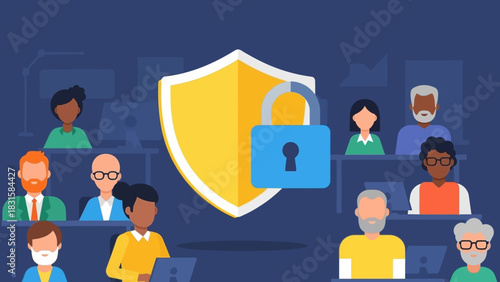 Protecting your data with a shield and an unlocked padlock representing digital security in a business environment with diverse people
