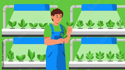 Urban farmer diligently nurtures various green plants in an advanced indoor vertical farm, optimizing growth with specialized lights for sustainable and precise agriculture