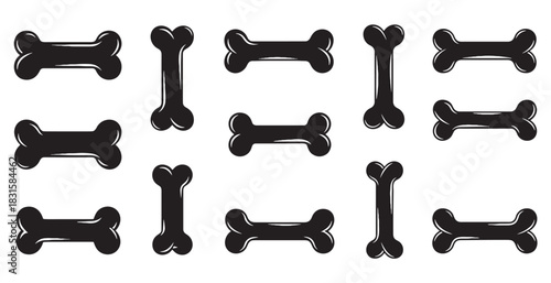 Collection of black dog bone illustrations arranged in a repeating pattern, showcasing a simple graphic icon style for pet food or animal themes