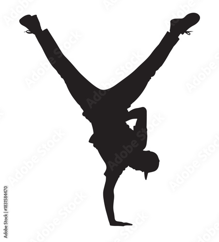 Black silhouette of a male breakdancer performing an energetic handstand freeze with legs spread wide, showcasing a dynamic hip-hop dance move in a graphic, stencil-like style