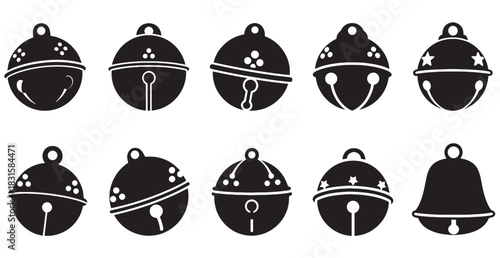 Black silhouette Christmas bell icons set with various simple designs, including jingle bells and classic shapes, presented as a collection of festive holiday graphic elements