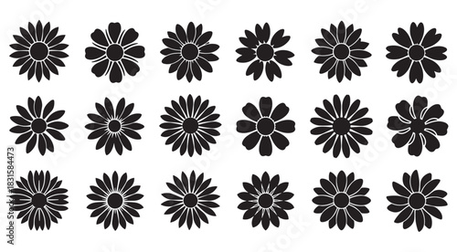 Collection of black flower icons with various petal shapes and styles, showcasing a minimalist and graphic design aesthetic for decorative elements as a flat vector illustration set