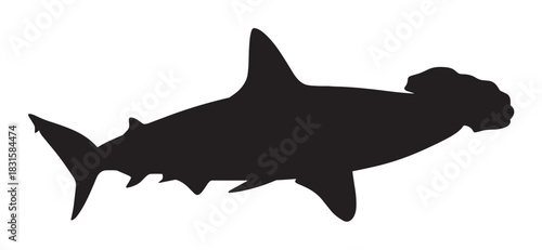 Black hammerhead shark silhouette illustration showing the distinctive profile of the marine predator with its unique head shape, fins, and powerful tail in a simple graphic style