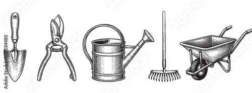 Set of vintage gardening tools including a trowel, shears, watering can, rake, and wheelbarrow in a detailed black and white hand-drawn engraving illustration style