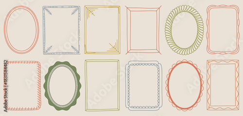 Cute wavy wedding frame vector, hand drawn vintage oval border collection, whimsical invitation frame set, elegant classic line decoration, coquettish celebration design, simple postcard illustration.