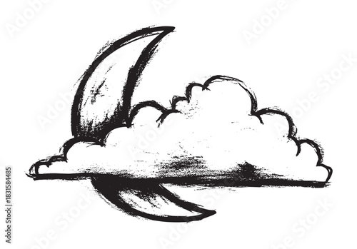 Black grunge style crescent moon and cloud illustration with a rough, hand-drawn brush stroke texture, creating a simple yet artistic nocturnal weather symbol for nighttime concepts