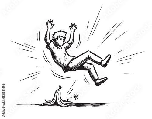 Hand-drawn black and white cartoon man slipping and falling backwards with arms flailing after stepping on a banana peel in a classic slapstick comedy sketch
