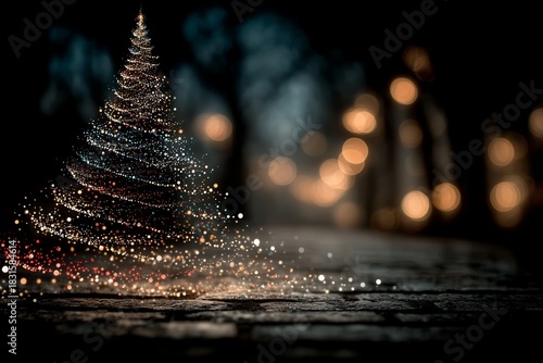 Abstract golden particles forming a glowing Christmas tree and a glittering path against a dark background