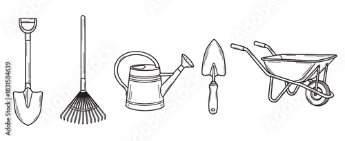 Set of hand-drawn gardening tools including a shovel, rake, watering can, trowel, and wheelbarrow in a simple black and white line art illustration style