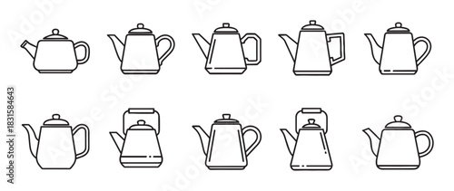 Collection of black outline teapot and kettle icons showing various designs and shapes for brewing hot beverages, presented in a simple, minimalist graphic style for kitchen or cafe themes