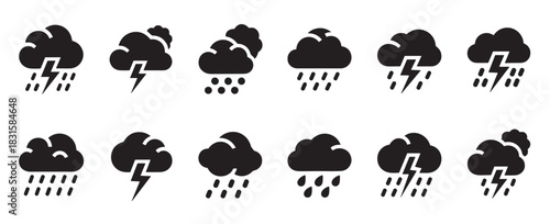 Collection of black weather forecast icons depicting various storm conditions like rain, lightning, and thunderstorms in a simple minimalist glyph style for meteorological reports