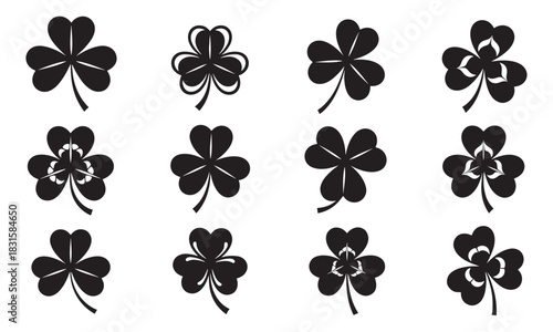 Set of black shamrock vector icons with different graphic designs, showcasing a variety of stylized three-leaf clovers for Saint Patrick's Day celebrations and good luck themes