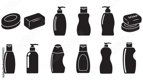 Set of black silhouette cosmetic bottle icons including soap bars, shampoo, and lotion dispensers in a flat vector graphic style for hygiene and personal care concepts