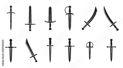 Collection of twelve black sword silhouettes featuring various medieval and fantasy designs, including daggers, broadswords, and scimitars, presented as a graphic icon set